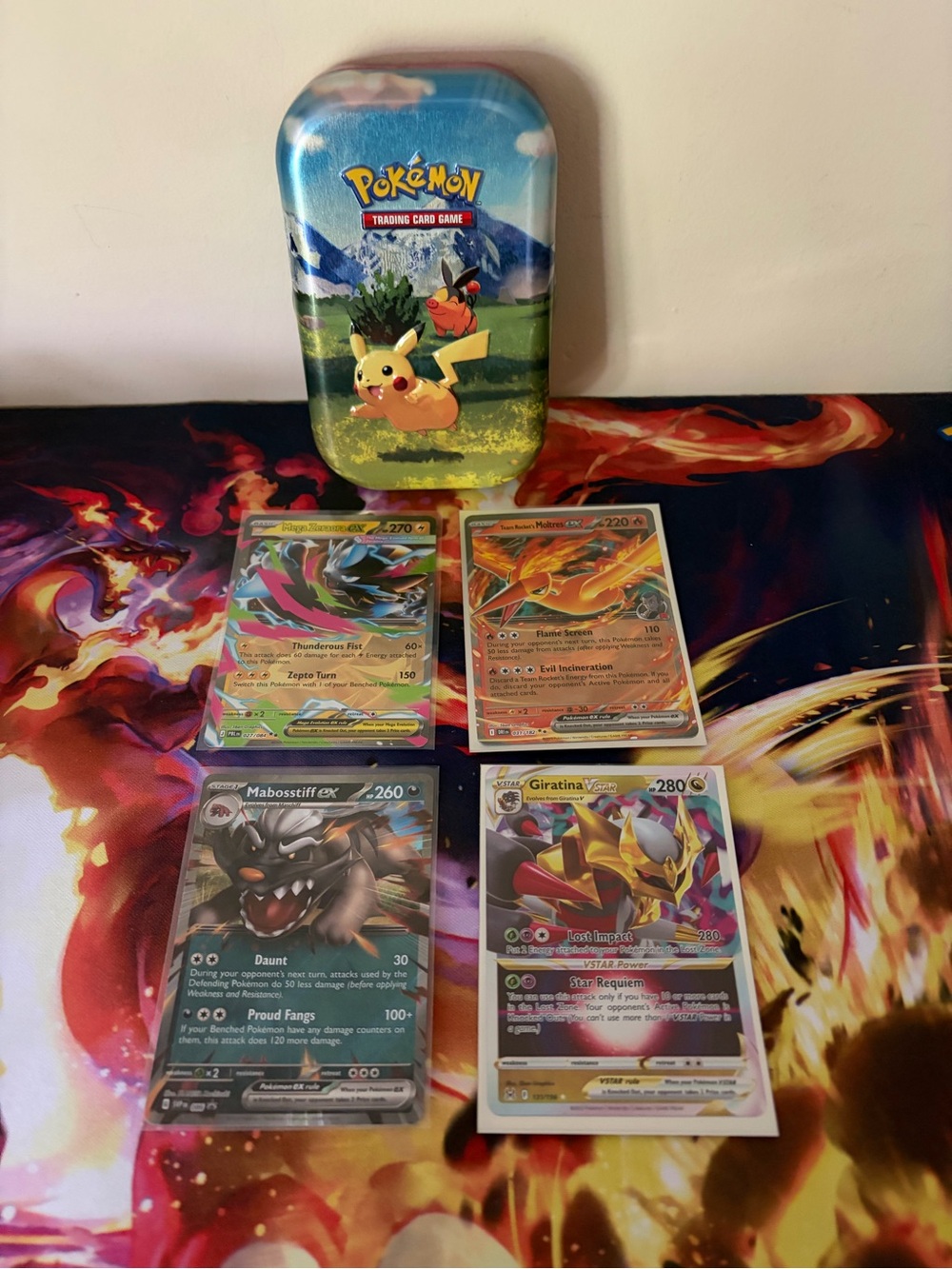 Pokémon Pikachu Tin (empty) with Holo EX/V Cards - Pikachu Tin